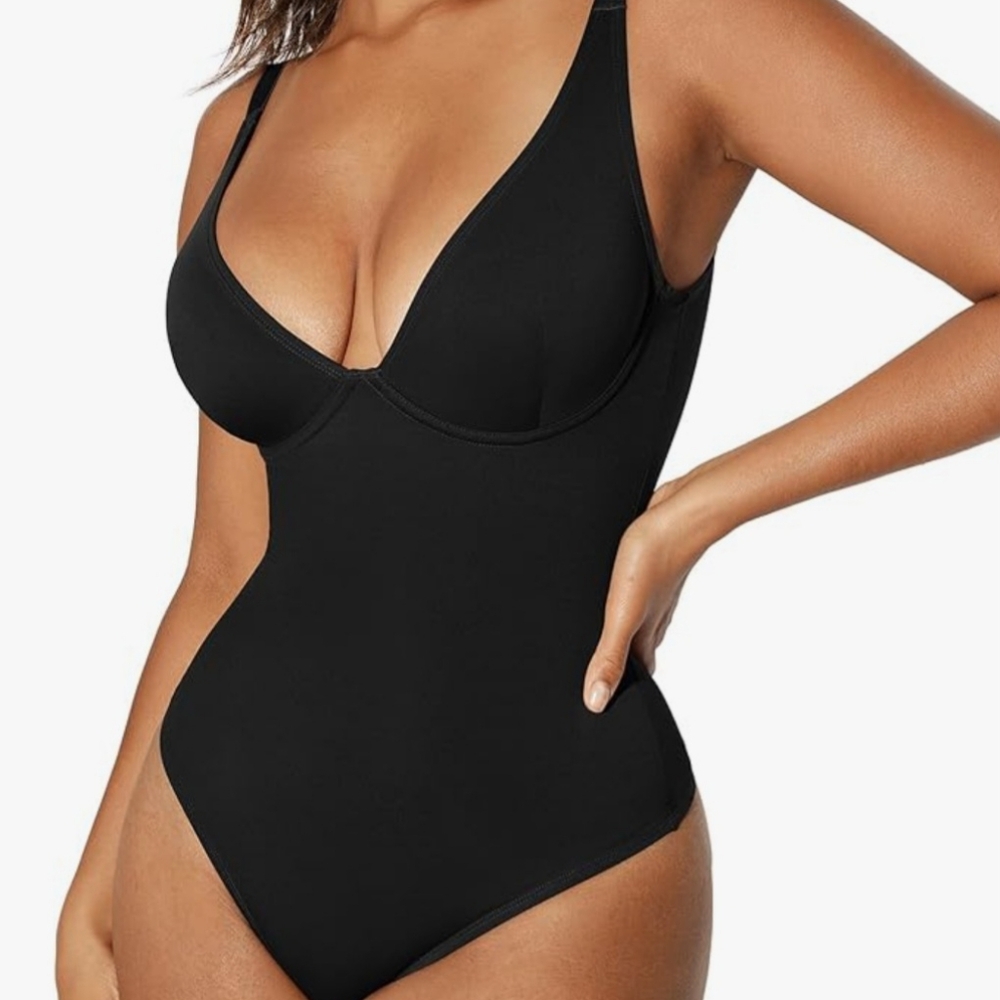 Shapewear bodysuit women's XL black deep V-neck thong tummy control new $66